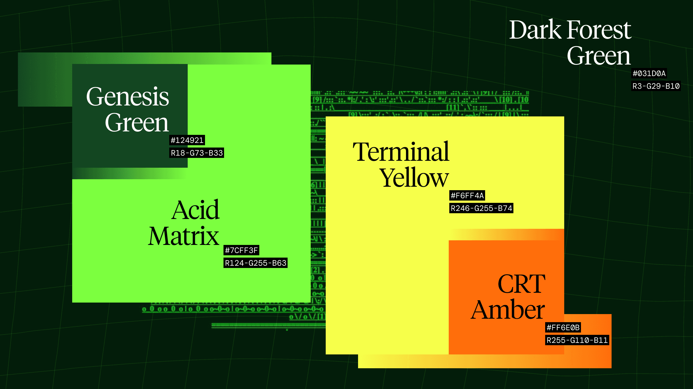 Codebuff color palette: Genesis Green, Acid Matrix, Terminal Yellow, CRT Amber, Dark Forest Green